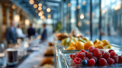 Elegant buffet featuring fresh fruits and pastries for a gathering. Business meeting. Healthy snack. Delicious spread of breakfast foods.