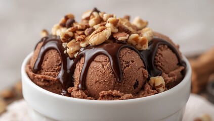 A Bowl of Scooped Frozen Dessert with Chocolate Sauce and Nut Pieces, Closeup Shot.