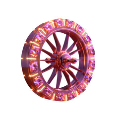 3D glowing bonus wheel for slot game, segmented with prize icons, clean minimal style in white and rose gold