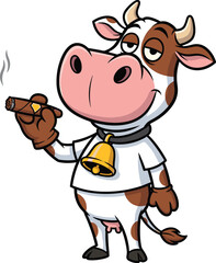 Cartoon cow smoking cigar — relaxed anthropomorphic character with bell and smirk for humorous farm-themed, lifestyle, or mascot designs