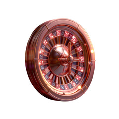 3D glowing bonus wheel for slot game, segmented with prize icons, clean minimal style in white and rose gold