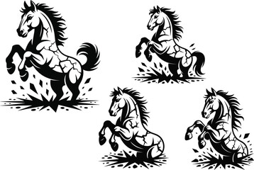 Four Majestic Horse Designs Black  White Illustrations