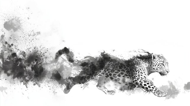 Speed and growth in business, a powerful leopard running with dynamic ink splash emphasizing motion and progress.