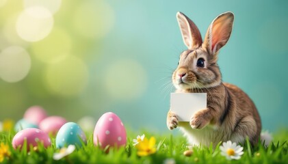Fototapeta premium Closed Easter sign on cute bunny's fluffy belly, holiday season, seasonal