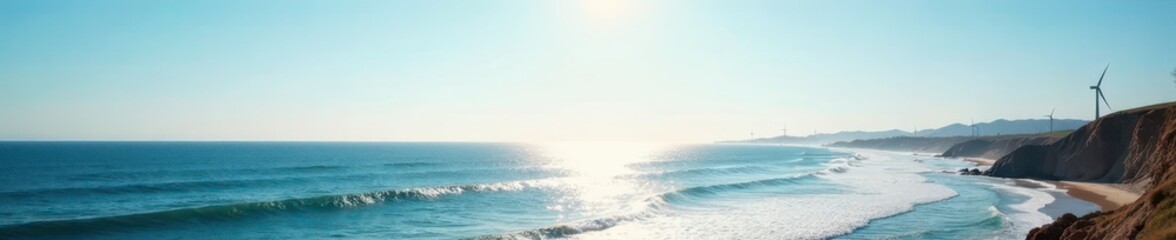 Fototapeta premium Coastal wind farm, bright sky, sparkling ocean waves , renewable energy, power