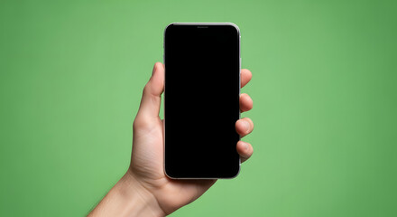 Person's hand holding a sleek, modern smartphone with a dark, empty screen, ideal for mockups