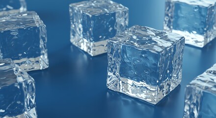 Obraz premium Ice cubes on blue reflective surface
