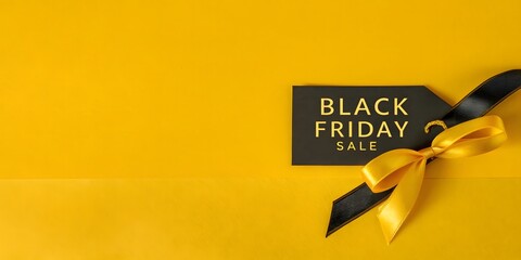 Eye Catching Black Friday Sale Advertisement with Elegant Ribbons and Festive Gold Text on a Yellow Background