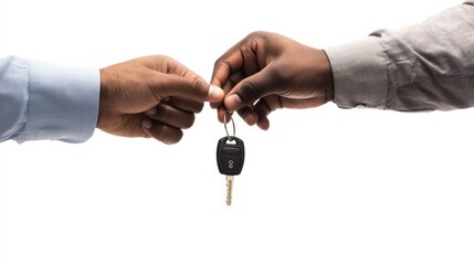 Key exchange action between two individuals urban setting business interaction professional environment close-up view trust and ownership concept