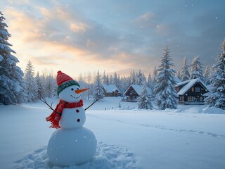 Obraz premium Winters Embrace. A Snowy Landscape with a Cheerful Snowman Serene Scene.