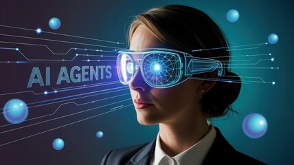 Visionary AI: A sophisticated woman immersed in the world of Artificial Intelligence, her gaze focused, wearing high-tech glasses, envisioning future possibilities with advanced technology.