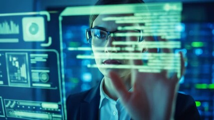 Analyzing Data: Focused Woman Interacting with Futuristic Touchscreen in Server Room - Powered by Adobe