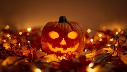 Glowing JackOLantern on a Bed of Autumn Leaves, Lit by Twinkling Fairy Lights.