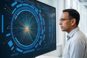 Scientist analyzing futuristic particle collision data on digital screen in modern lab environment with advanced light-based interface concept. Ai generative