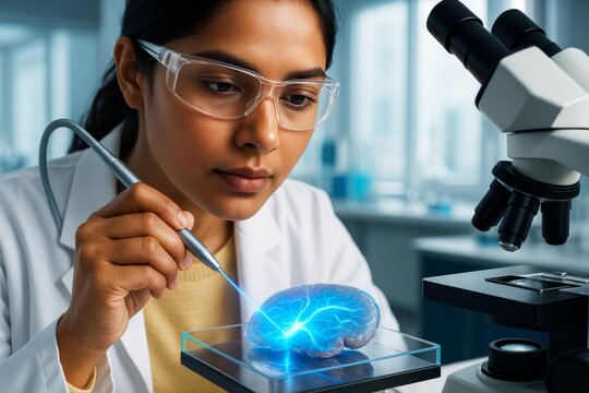 Female scientist analyzing glowing brain model with laser tool in laboratory setting, showcasing futuristic science and innovation concept. Ai generative