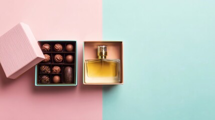 Open gift box with assorted chocolates and perfume bottle on pastel background.