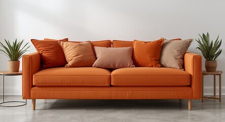 Fototapeta premium Interior Harmony. An Orange Sofa with EarthToned Cushions and Plant Accents.