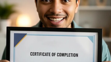 Smiling man holding a course completion certificate in a black frame. The certificate demonstrates achievement and dedication.