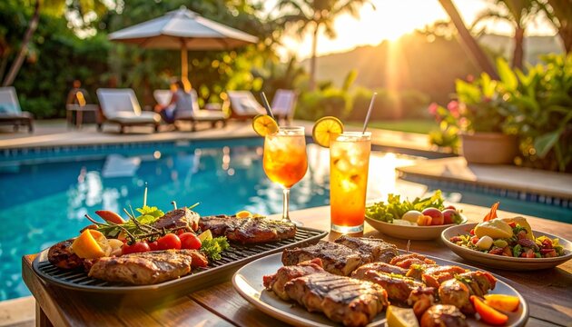 Grilled food and cocktails by the pool at sunset, conveying relaxation and tropical vacation.