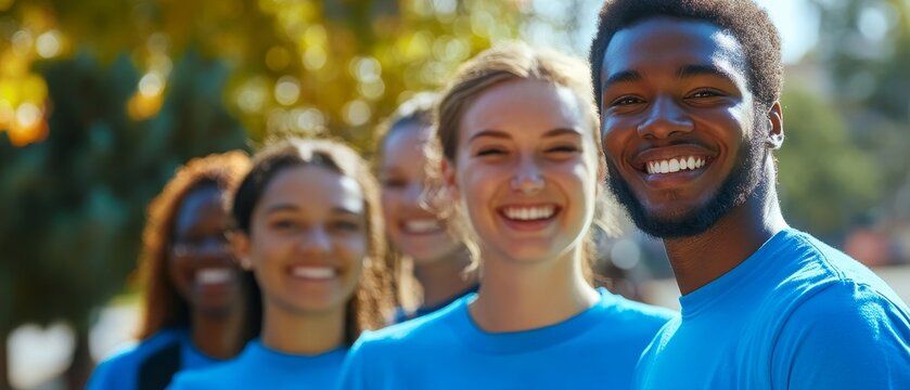 A group of diverse young volunteers in matching blue t shirts smile brightly at the camera, representing unity, teamwork, and community service