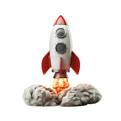 3D rocket icon with chrome body, startup innovation theme, white background