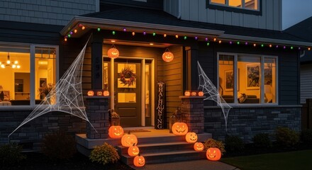 Spooky Halloween home exterior with glowing jack-o-lanterns and festive decorations at dusk