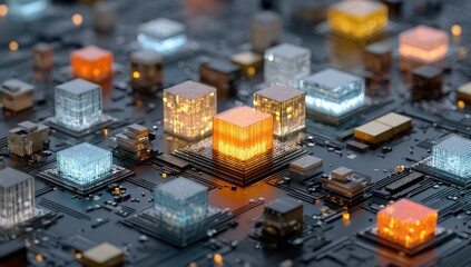 Glowing digital cubes on a circuit board, representing data and processing power