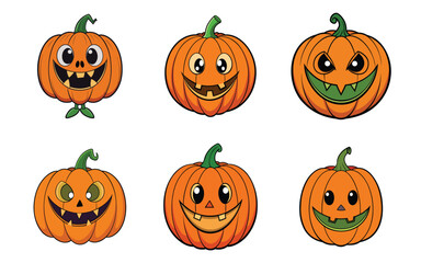Cartoon Pumpkins with Halloween Faces. Halloween Jack-o'-Lantern Clipart Set