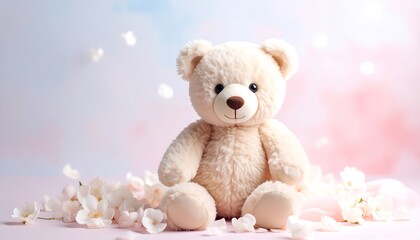 Obraz premium Teddy Bear Surrounded by White Flowers in a Dreamy Pastel Setting