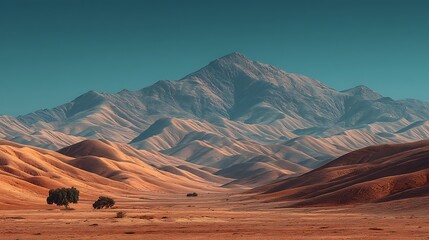 Naklejka premium Expansive desert landscape with golden sand dunes beneath a bright blue sky, providing an empty foreground ideal for event text or promotional advertising overlays.