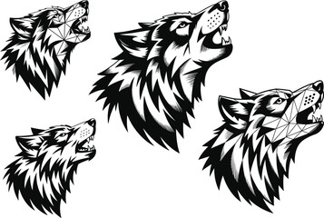 Four Howling Wolf Heads Tribal Tattoo Design Graphics