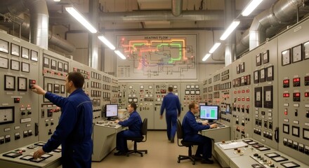 Men control heating flow system in a control room. Industrial operators manage power plant processes with advanced technology.