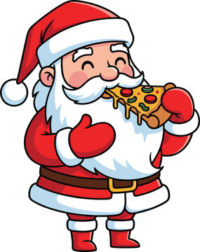 Naklejki Cartoon Santa eating pizza — humorous holiday character enjoying cheesy slice with toppings, perfect for Christmas fun and lifestyle themes
