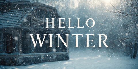 Cozy scandinavian wooden cabin with "hello winter" text overlay falling snowflakes minimal winter landscape scene
