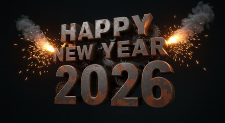 Happy new year 2026 celebration with sparklers on a dark metallic background