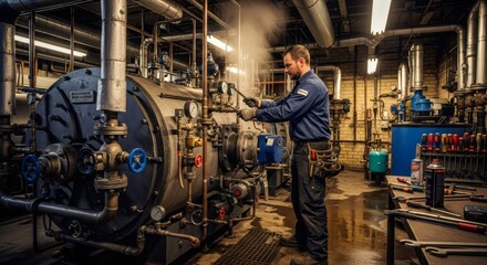Man, boiler technician, performing maintenance work on industrial heating boiler in power plant or commercial building.