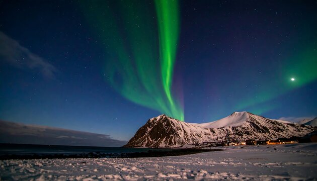 Vibrant aurora borealis illuminates a snow-covered landscape and dark, starlit sky