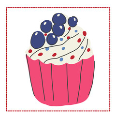 Hand drawn vector illustration of blueberry cupcake. 
