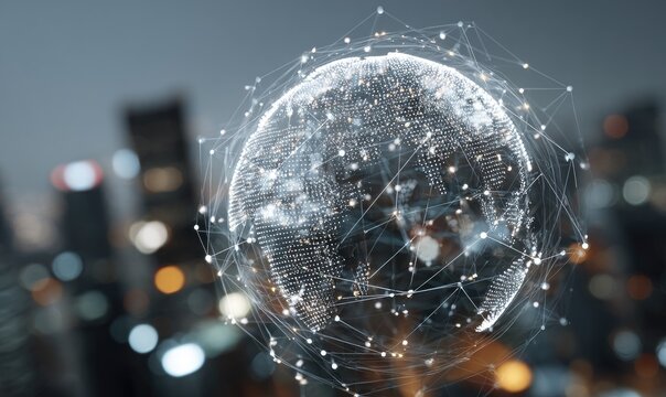 Digital globe with network connections over a blurred city background
