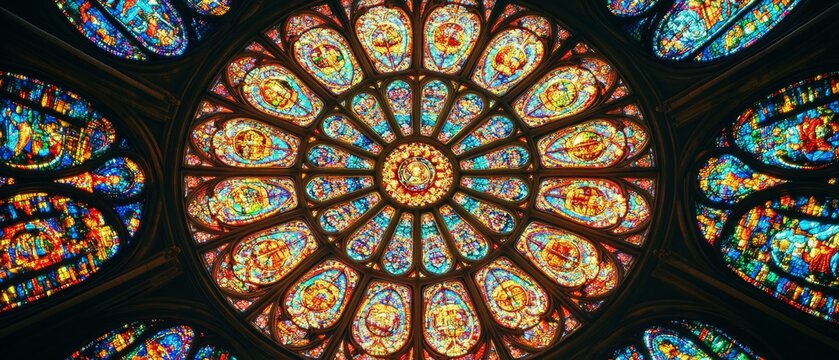 Breathtaking circular stained glass rose window in cathedral, featuring intricate patterns and vibrant colors, showcasing masterful craftsmanship and religious artistry