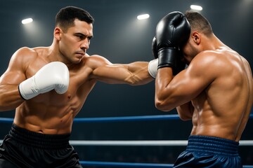 Two muscular male boxers fighting in ring under bright lights, one landing punch, intense action moment in professional sport setting. Ai generative