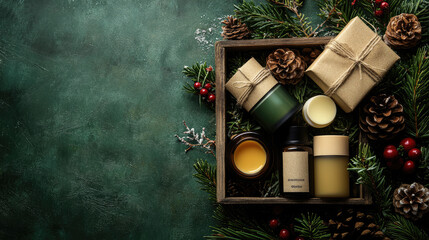 Rustic wooden gift box containing organic skincare products, nestled among pine branches, cones, dried citrus, nuts, and berries on dark green surface