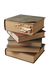Stack of vintage, antique-looking hardback books with worn patina, faded spines, discolored pages. Topmost severely torn, frayed, dog-eared, creased. Seamless transparent background, soft studio