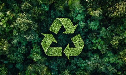 artistic representation of the recycling symbol formed by silhouettes of lush forest trees, symbolizing the connection between recycling and nature conservation, highlighting the need, Generative AI