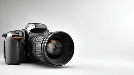 Modern DSLR camera, gray and black, on a light gray background