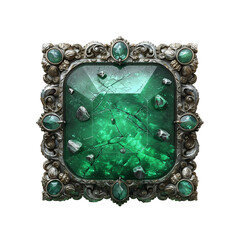 Crystal-embedded fantasy game button, emerald green center with carved silver border, rectangular shape, magical UI icon, high-resolution and intricate details