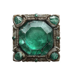 Crystal-embedded fantasy game button, emerald green center with carved silver border, rectangular shape, magical UI icon, high-resolution and intricate details