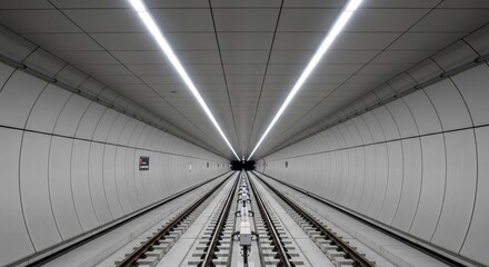 Subway tunnel view with converging railroad tracks and overhead lighting