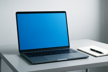 Fototapeta premium Laptop with blank blue screen on minimalist desk beside notebook and pen as workspace mockup for branding or presentation concept. Ai generative