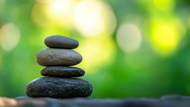 Stacked stone balance with zen rock and smooth pebble for meditation, nature calm relaxation, spa wellness harmony, tranquility balance peaceful outdoor green background bokeh natural therapy spa